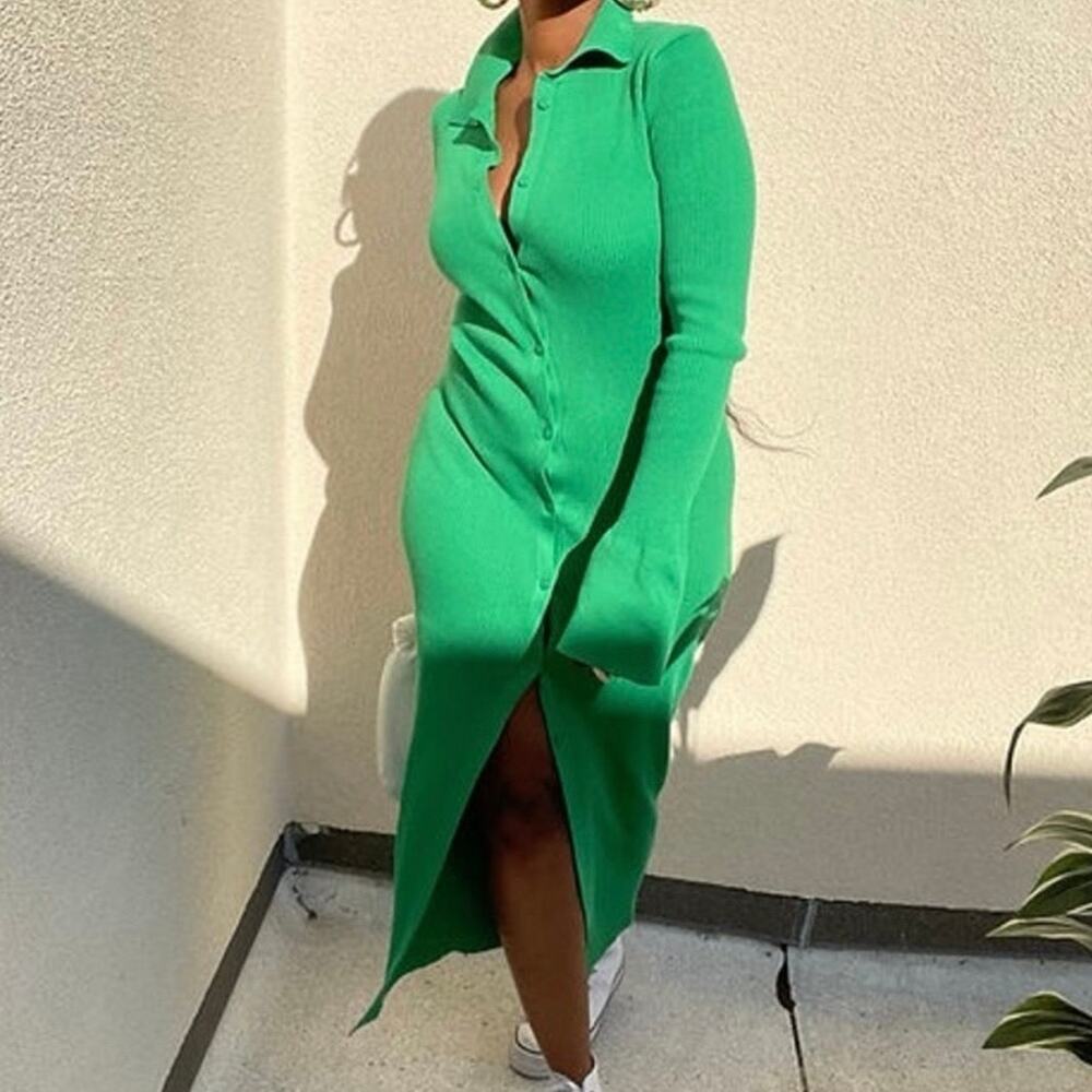 Green Ribbed Knit Maxi Duster Dress EUC L Mob Wife Dark Academia Dopamine